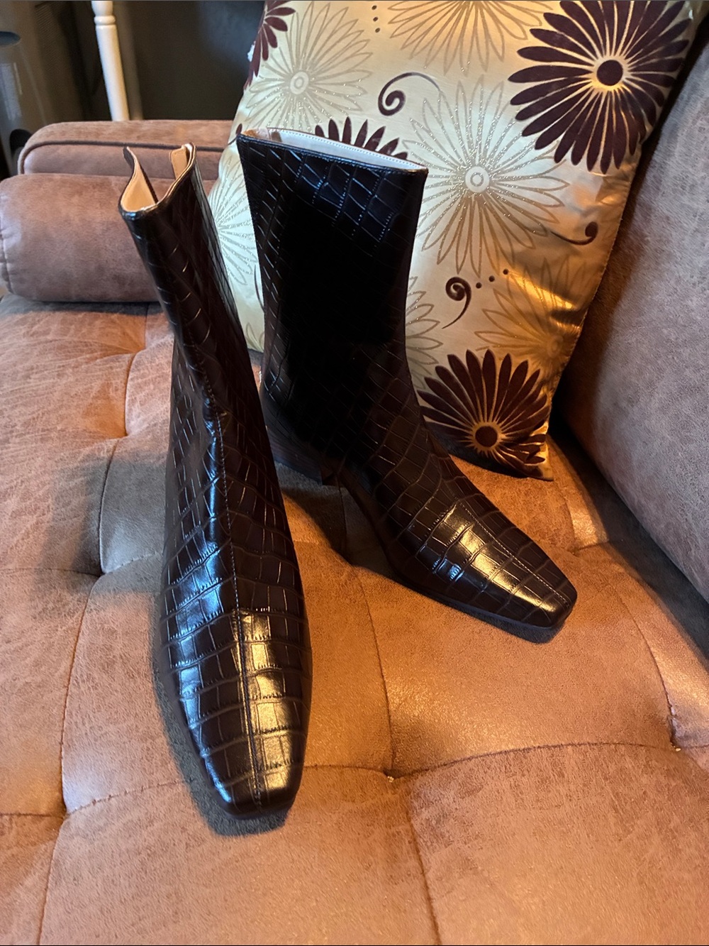 Ann Taylor Croc-Embossed Dark Brown Square Toe Ankle Boots